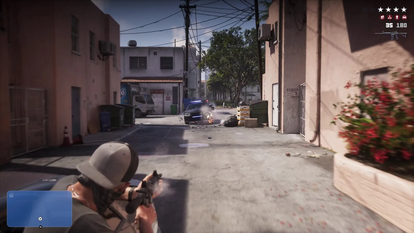 A dark police SUV with blue lights takes rifle fire in a back alley as sparks fly from its front.