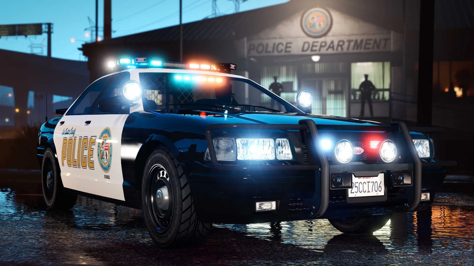 A black and white Los Santos police cruiser with a push bar and lit light bar, parked on wet pavement outside a police station at dusk.
