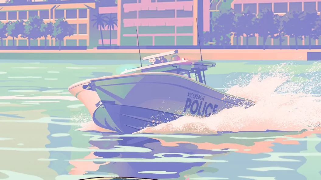 Close-up: light gray hull with a blue gray side band, white VICEBEACH POLICE lettering and a white radar arch