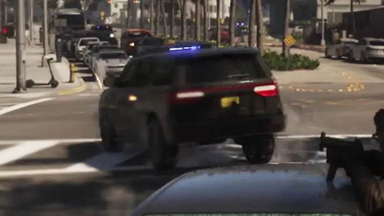 Close-up: dark black or charcoal SUV with no visible markings from the rear and a yellow rear plate
