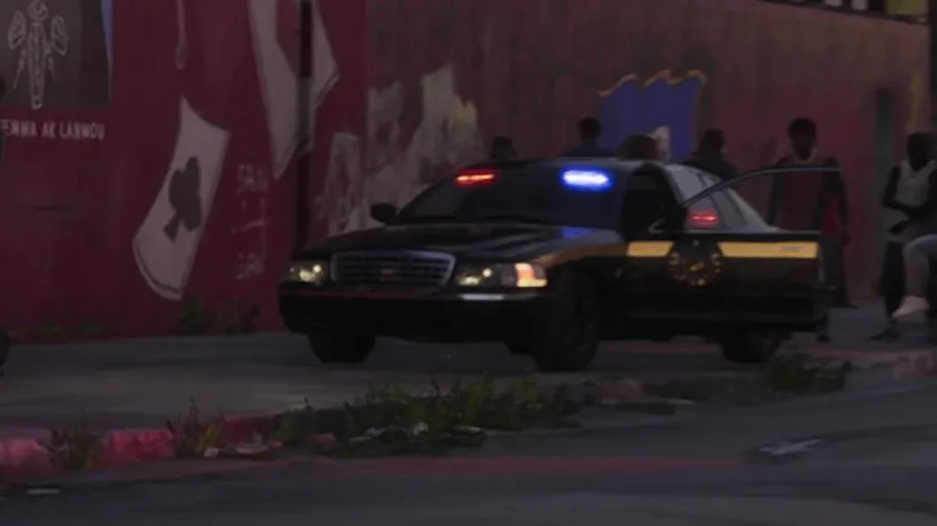 Close-up: black with a thin gold side stripe and a gold door badge, no roof light bar
