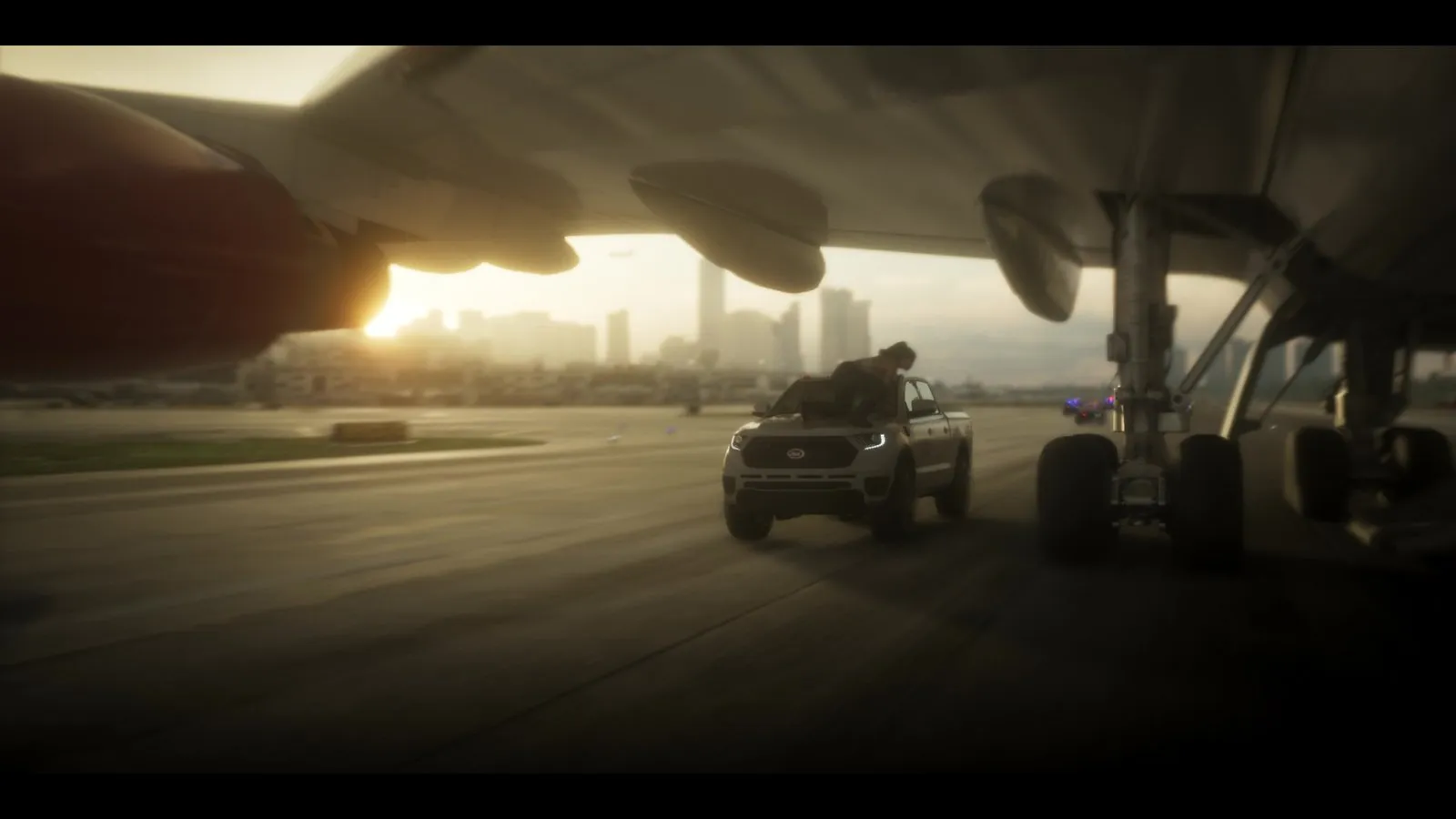 Vehicles with red and blue lights follow a white pickup racing under an airliner on a runway, a woman climbing out of its window.