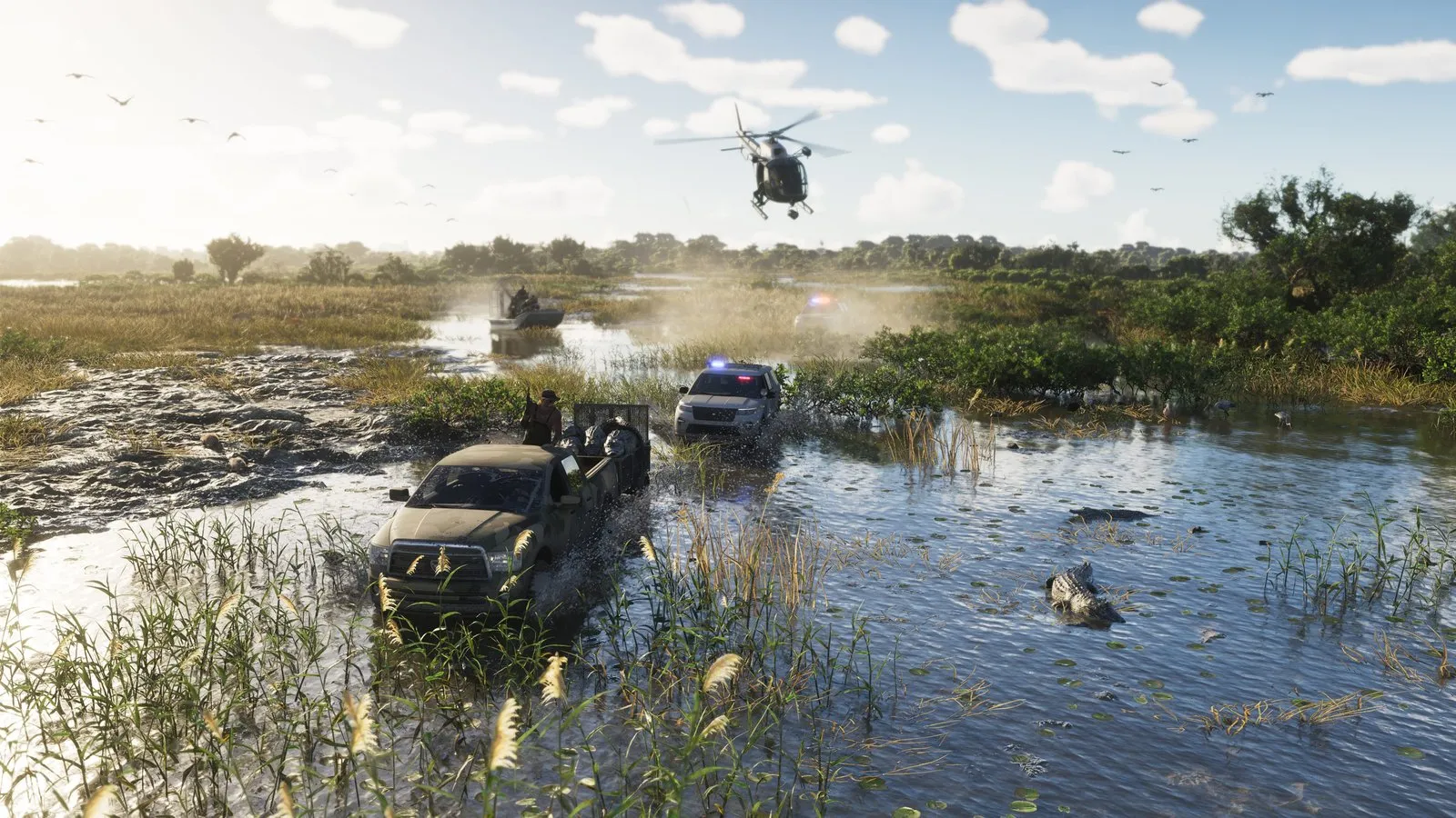 A second vehicle with a lit red and blue light bar trails the lead SUV through the dusty swamp during the chase.