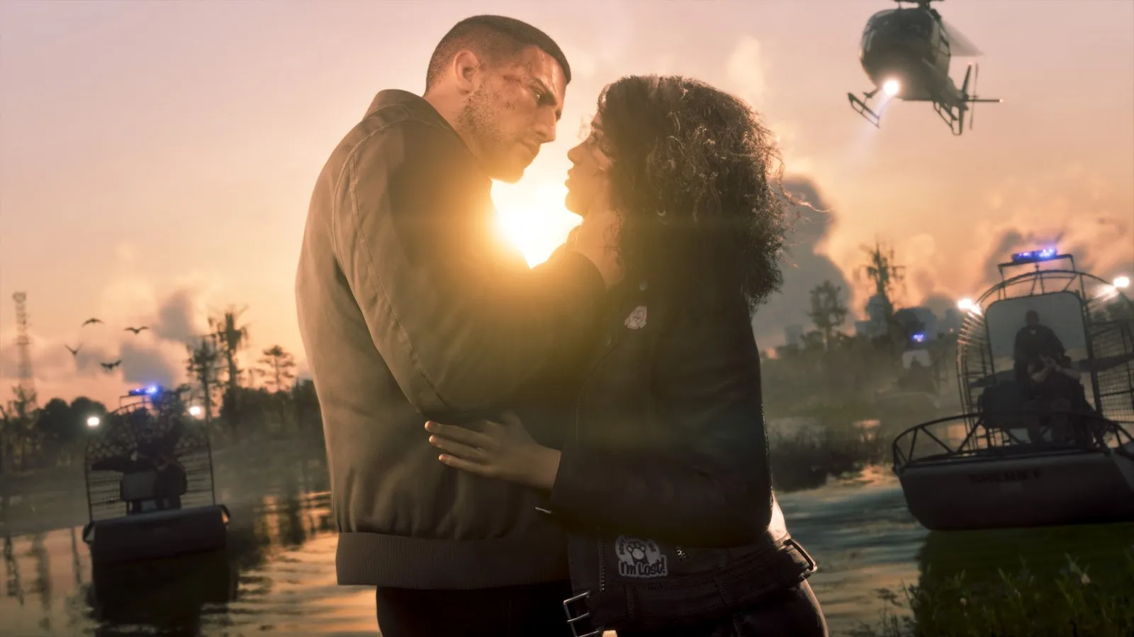 A SHERIFF marked airboat with lights on holds position near the shore while a crew member aims a rifle at an embracing couple.