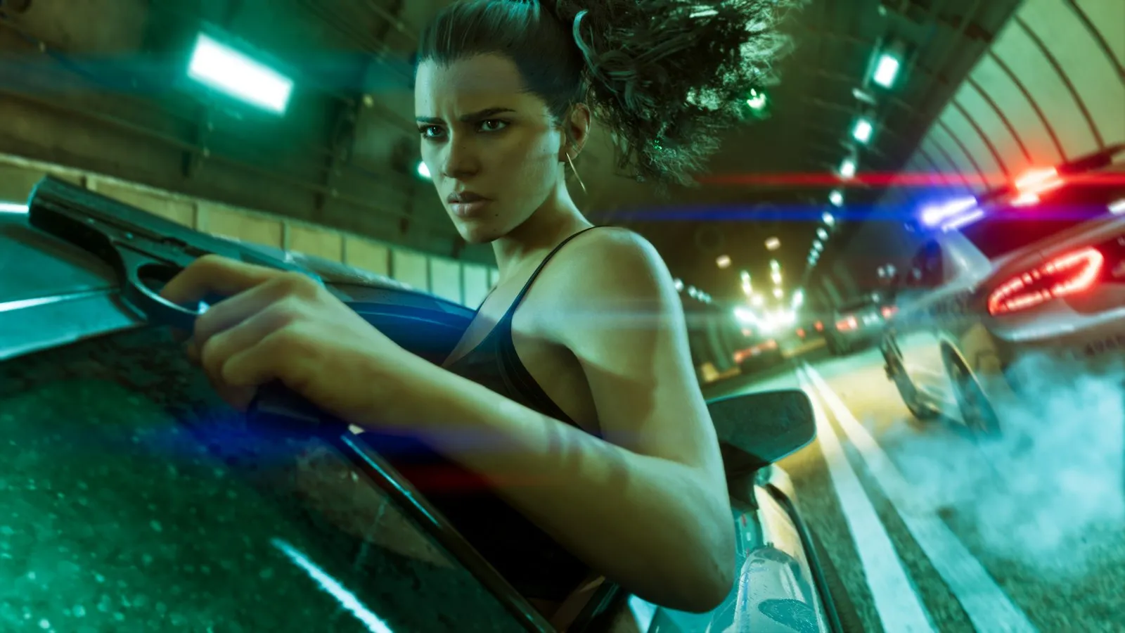 A police sedan with its lights on pulls alongside a dark car in a tunnel while a woman leans out of the car window holding a pistol.