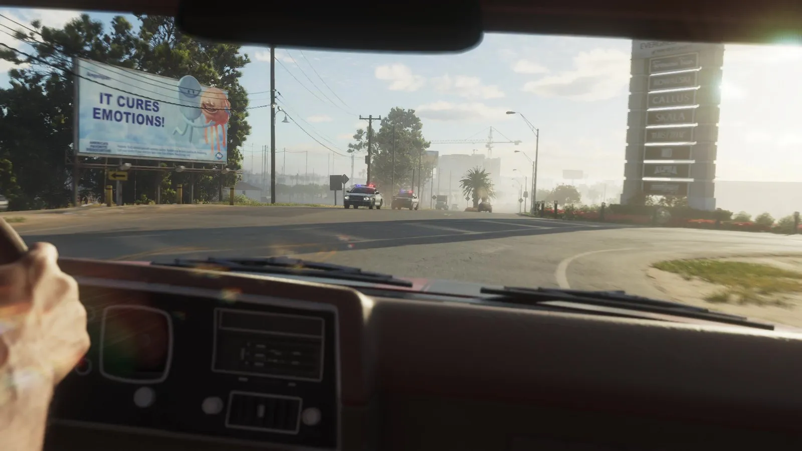 A second police vehicle with lights on follows the first down a hazy suburban road toward the camera car.