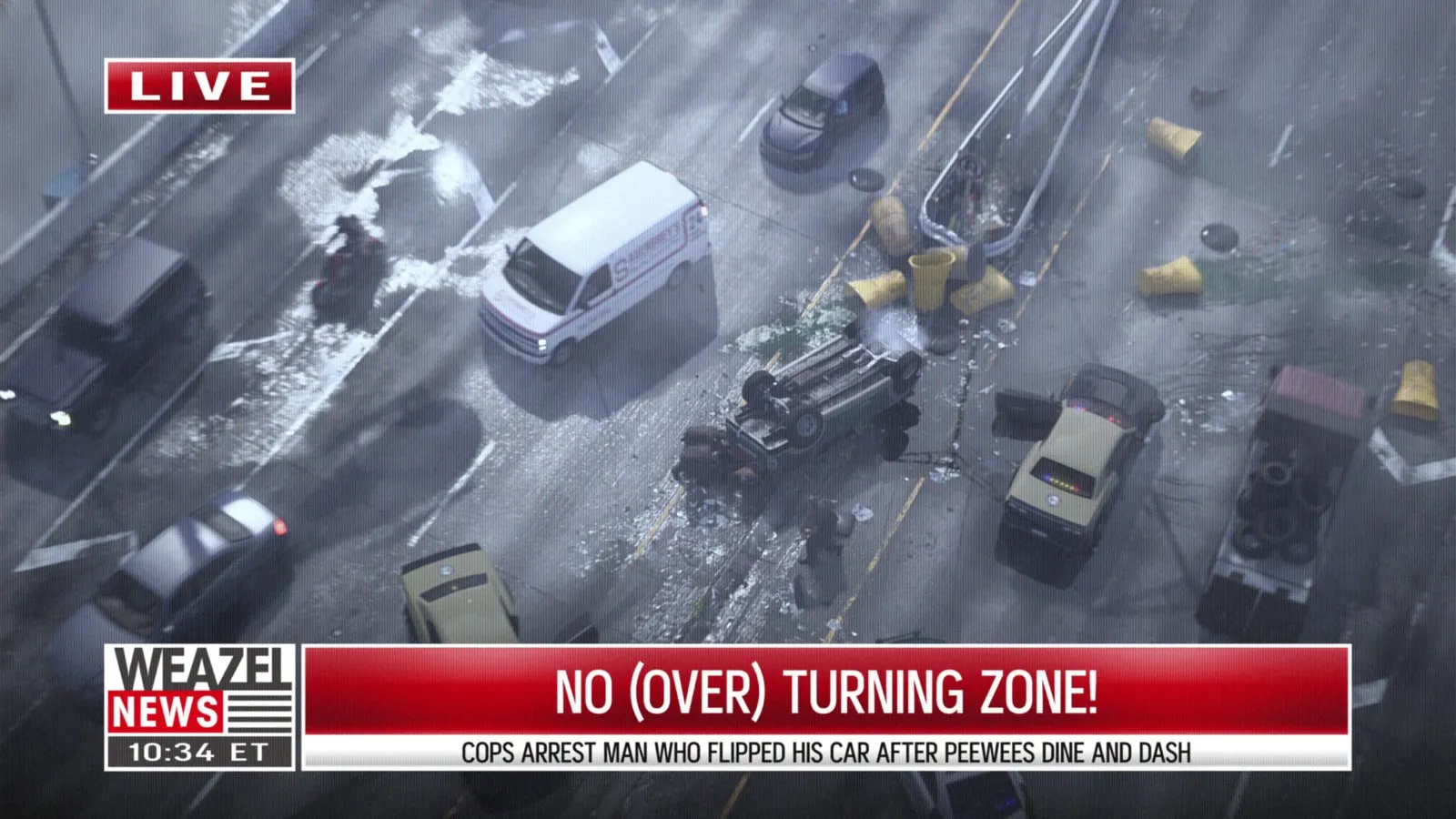 A vehicle with a lit blue light is almost fully hidden under the news banner at the bottom of the frame.