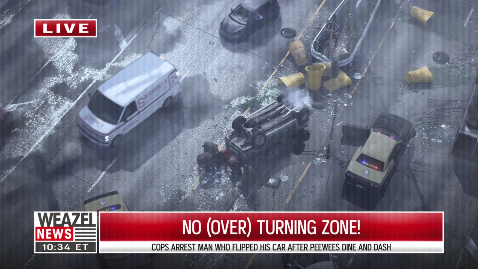 A tan patrol car with lights on and its door open is stopped beside an overturned car as people crouch at the wreck.