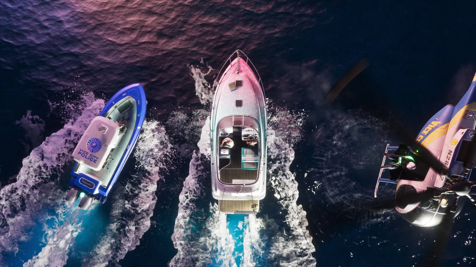 A helicopter with an armed person in its open door flies low over a police boat chasing a pink speedboat.